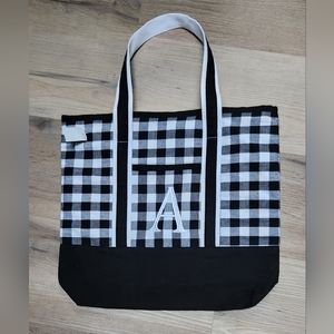 NWT Buffalo Plaid Black & White Initial "A" Canvas Tote BIN M
